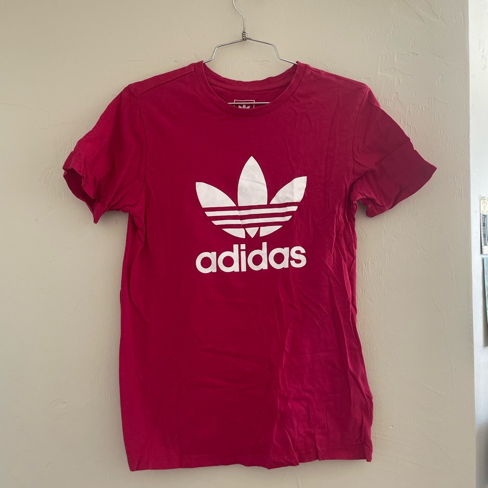 Adidas Pink/Red Shirt with Adidas logo.